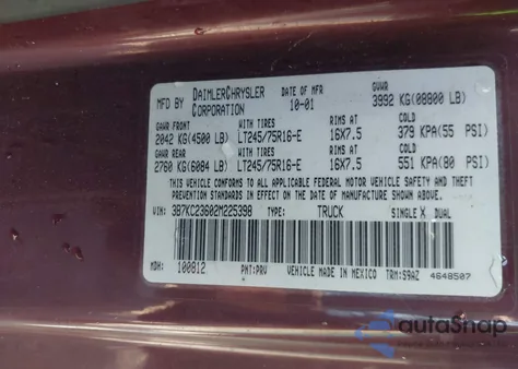 2002 Dodge Ram 2500 St from USA, damaged, VIN 3B7KC23602M225398